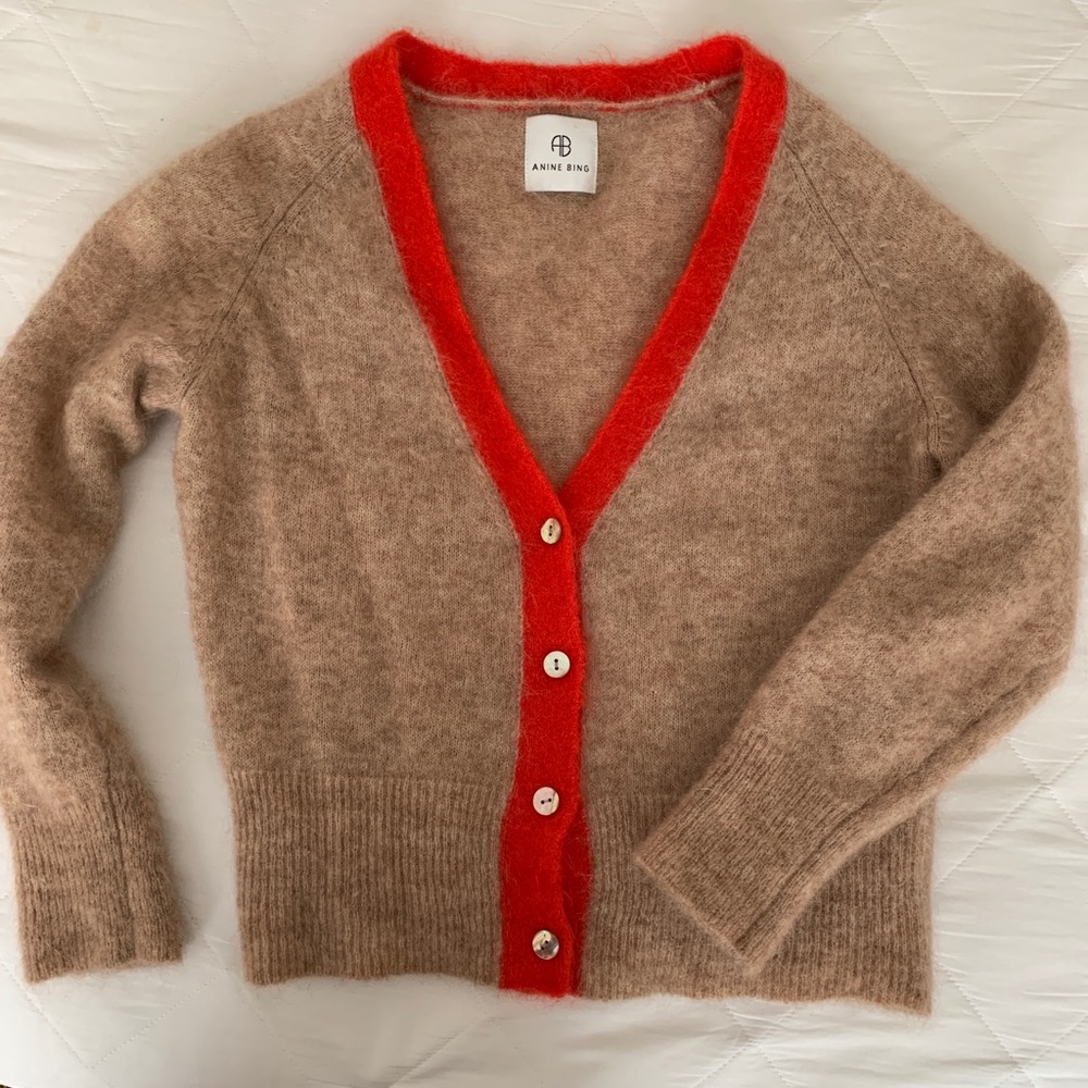 Anine Bing Mason Mohair Cardigan, Size Small. Sand/Red.